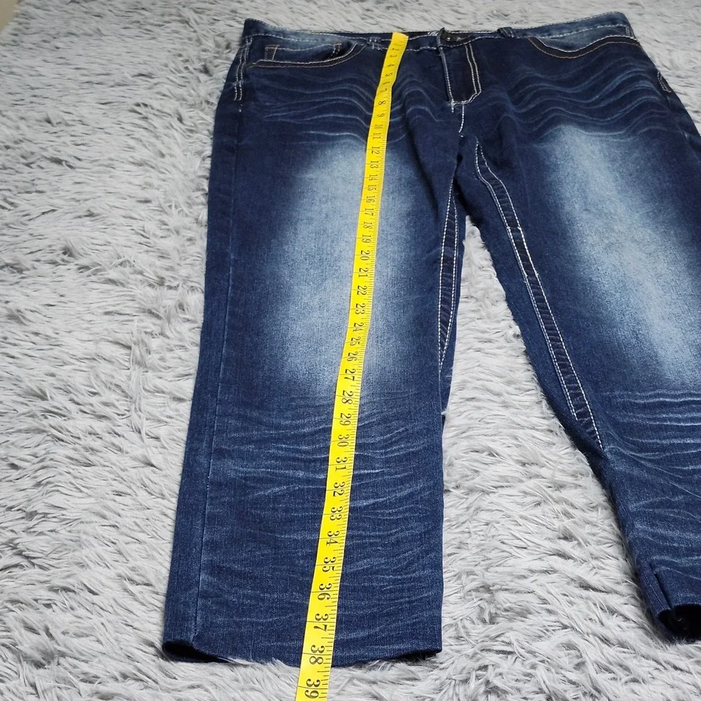 True Luck Mens‎ Jeans 36x29 Hemmed Dark Wash Straight Fit Denim Thick Stitch